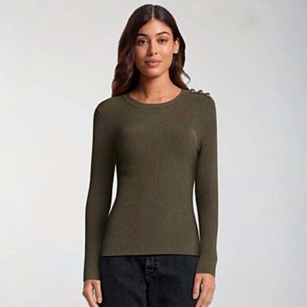Simons Icône Kaki Green Ribbed Sweater Shirt with Gold Buttons Shoulder